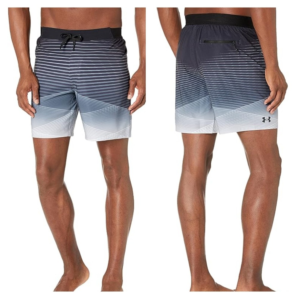 Under Armour Swim Trunks Mens M Black Striped Drawstring Stretch Logo Beach